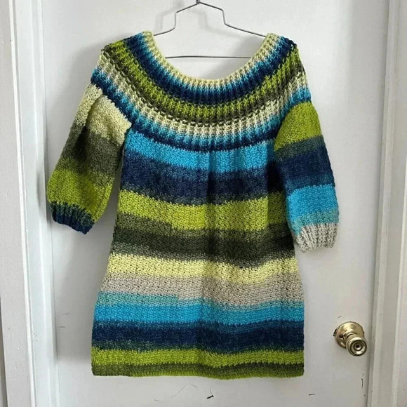 Handmade Dresses & Skirts - Handmade XS crochet knit dress blue green short with 3/4 sleeves